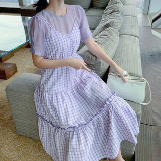 Set: Plain Short-sleeve Blouse + Plaid Midi Pinafore Dress
