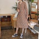 V-neck Long-sleeve Half-placket Floral Long Dress