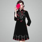 Traditional Chinese 3/4-sleeve Embroidered Dress Black - 2xl