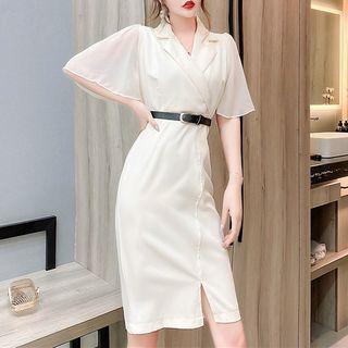 Elbow-sleeve Open-collar Midi Sheath Dress