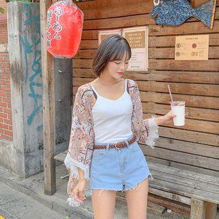 Fringed Crochet-trim Floral Robe Cardigan