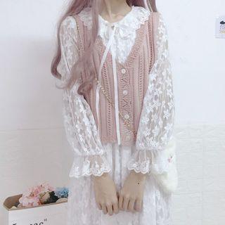 Long-sleeve Midi A-line Lace Dress / Buttoned Vest