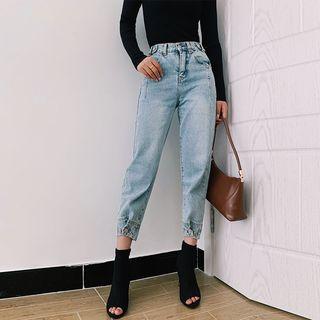 Button-hem Crop Harem Jeans