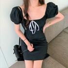 Puff-sleeve Bow Detail Mini Sheath Dress Black - One Size