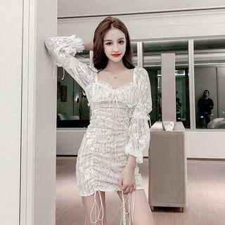 Long-sleeve Ruched Ruffled Lace Dress
