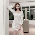Long-sleeve Ruched Ruffled Lace Dress