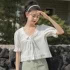 Short-sleeve Lace Trim Bow Cropped Blouse White - One Size