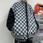 Lettering Embroidered Checkered Zip Baseball Jacket