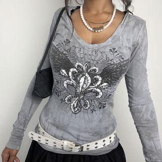 Printed Skinny Round Neck Long Sleeve Top