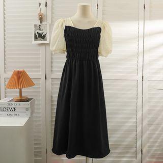 Patchwork Pearl-trim Smocked Midi Dress Black - One Size