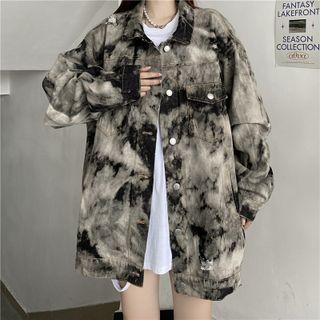 Tie-dyed Distressed Button-up Denim Jacket