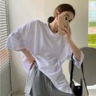 Elbow-sleeve Plain T-shirt T33190 - White - One Size