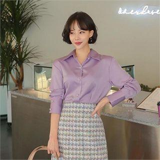 Faux-pearl Button Satin Blouse