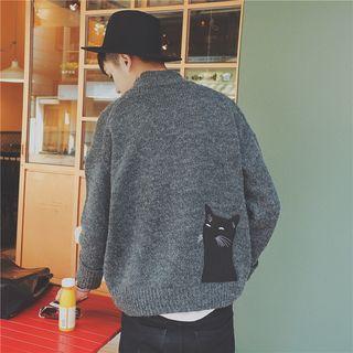 Mock Turtleneck Fish & Cat Embroidered Sweater