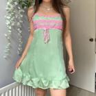 Spaghetti Strap Lace-panel Ruffled-trim Satin Mini Dress