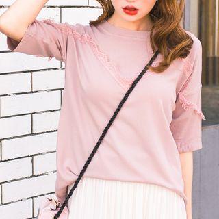 Fringed Elbow Sleeve Knit Top