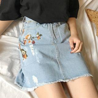 Floral Embroidered A-line Denim Skirt