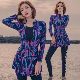 Set: Leaf Print Zip Rashagurd + Swim Skirt + Tankini Top + Lettering Swim Pants