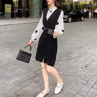 Set: Dotted Chiffon Blouse + V-neck Sleeveless Knit Dress
