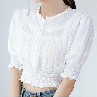 Short-sleeve Smocked Waist Crop Top