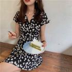 Floral V-neck Short-sleeve Slim-fit Dress As Figure - One Size