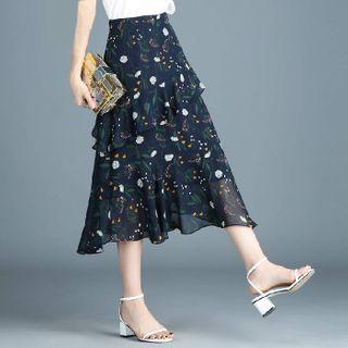 Floral Print Ruffled Midi A-line Skirt