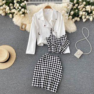 Set Of 3 : Plain Lapel Long-sleeve Jacket + Plaid Camisole Top + High-waist Plaid Skirt