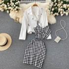 Set Of 3 : Plain Lapel Long-sleeve Jacket + Plaid Camisole Top + High-waist Plaid Skirt
