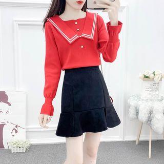 Collared Knit Top / Ruffle Hem A-line Mini Skirt / Set