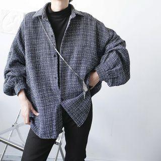 Long Sleeve Oversized Tweed Shirt Navy Blue - One Size