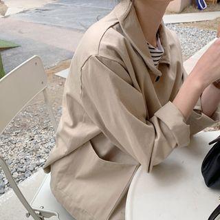 Peterpan-collar Dual-pocket Cotton Jacket Dark Beige - One Size