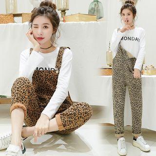 Long-sleeve Letter T-shirt / Leopard Print Jumper Pants / Set
