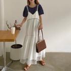 Balloon-sleeve Blouse / Lace Trim Midi Pinafore Dress