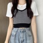 Short-sleeve Plain T-shirt / Striped Camisole Top