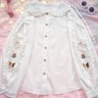 Cat Embroidery Frill Trim Shirt White - One Size