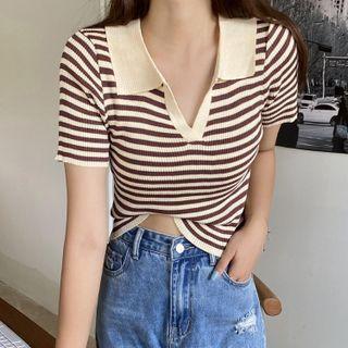 Short-sleeve Open Collar Striped Knit Top