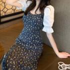 Short-sleeve Ruffle Trim Floral A-line Dress