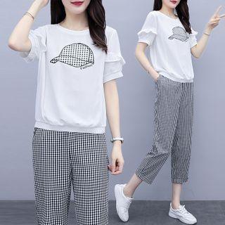 Set: Short-sleeve Embroidered T-shirt + Plaid Harem Pants