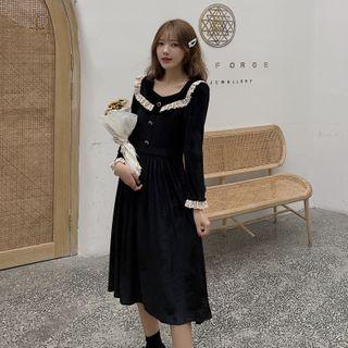 Eyelet Trim Bell-sleeve Midi A-line Velvet Dress