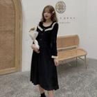 Eyelet Trim Bell-sleeve Midi A-line Velvet Dress