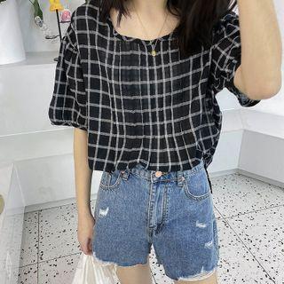 Short-sleeve Checkered Blouse