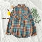 Front Pocket Long-sleeve Plaid Shirt Top - One Size