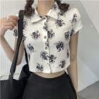 Short-sleeve Cat Print Button-up Crop Top