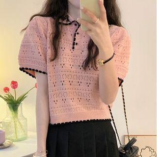 Puff-sleeve Polo Neck Crochet Knit Top
