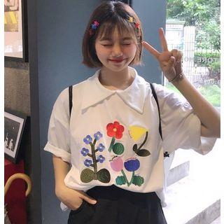 Embroidered Elbow-sleeve Polo Shirt White - One Size