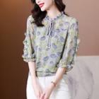 Elbow-sleeve Floral Tie-neck Chiffon Blouse