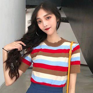 Striped Short-sleeve T-shirt / Pleated Mini Skirt