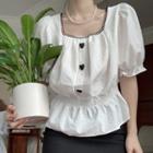Square-neck Puff-sleeve Lace Trim Blouse