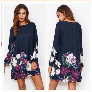 Long-sleeve Floral A-line Mini Dress