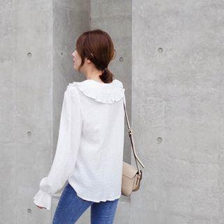 V-neck Frill-trim Textured Cotton Blouse